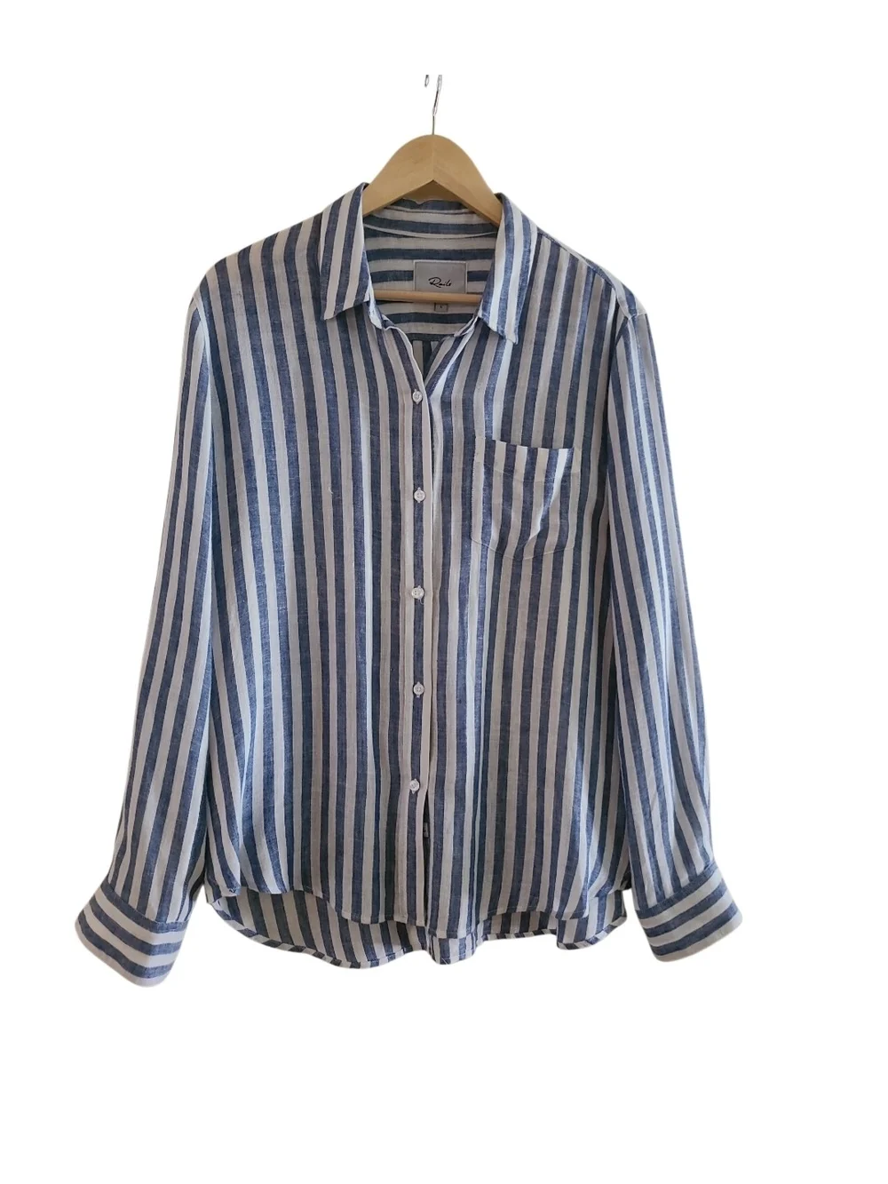 Rails Charli Striped Button-Up Shirt in Blue White Linen Blend Semi Sheer